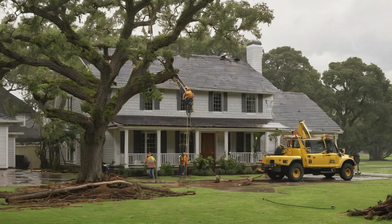 A local provider crew safely clearing a fallen tree from a house roof in Caledonia after a storm