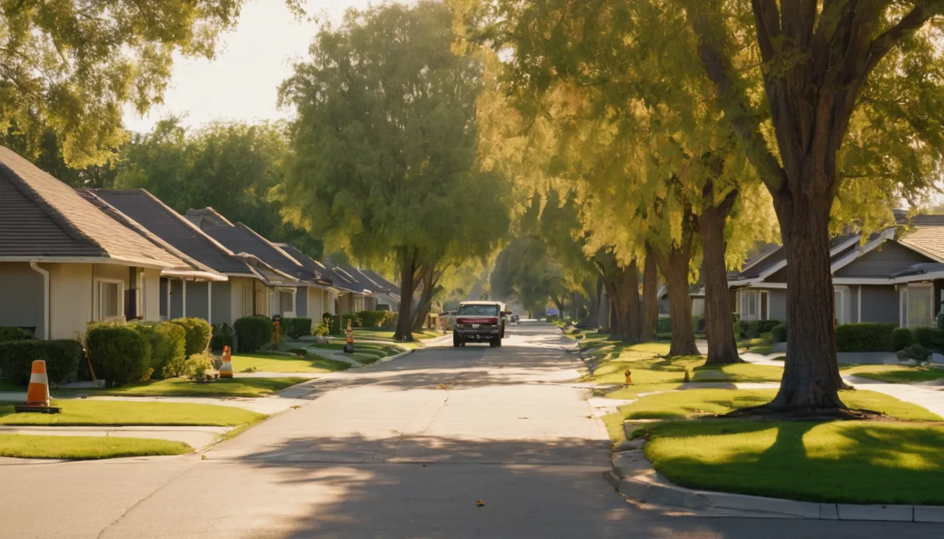 Neighborhood street with mature trees in Caledonia
