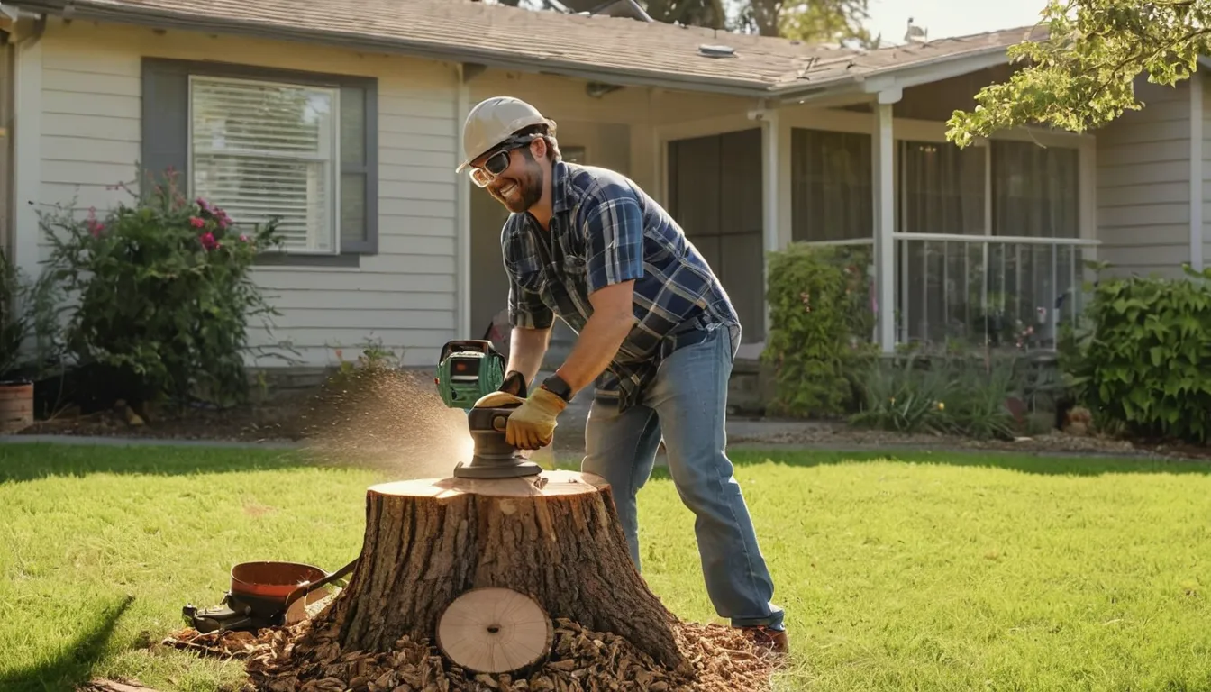 Provider grinding an old tree stump in a Caledonia backyard, with wood chips flying
